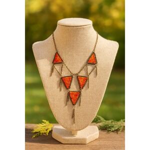 🔥 Tribal Boho Beaded Necklace 19" – Orange‎ Red Geometric Statement Jewelry